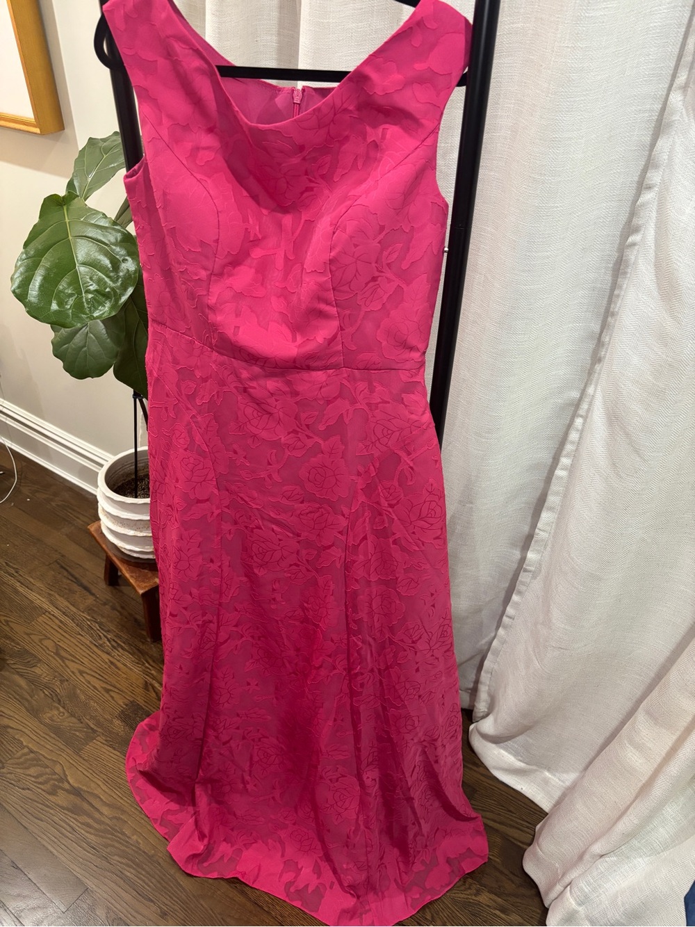 Classic Hot Pink Maxi Dress with Floral Jacquard